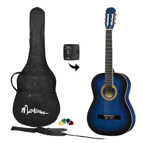 Martinez Full Size Beginner Classical Guitar Pack with Built In Tuner (Blueburst)