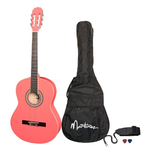 Martinez Full Size Beginner Classical Guitar Pack with Built In Tuner (Hot Pink)