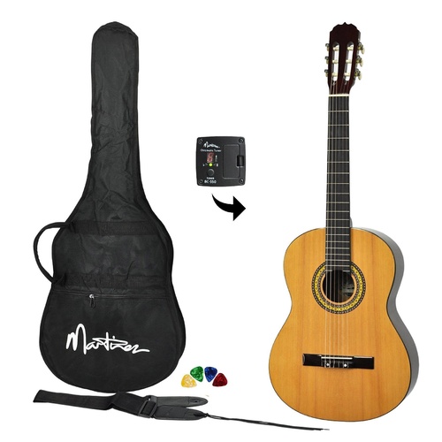 Martinez Full Size Beginner Classical Guitar Pack with Built In Tuner (Natural Gloss)