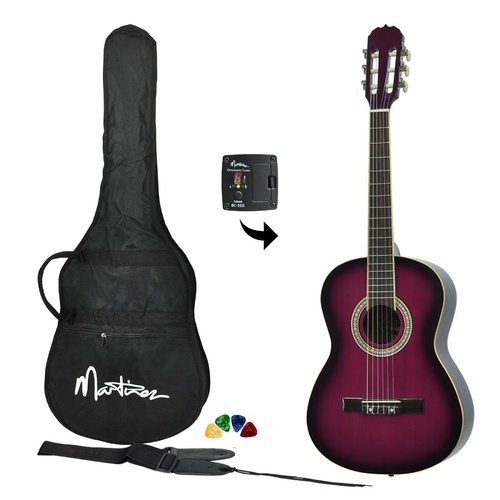 Martinez Full Size Beginner Classical Guitar Pack with Built In Tuner (Plumburst)
