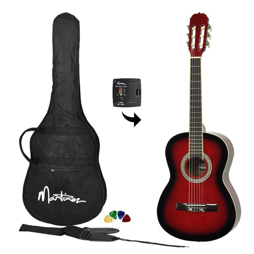 Martinez Full Size Beginner Classical Guitar Pack with Built In Tuner (Wine Red)