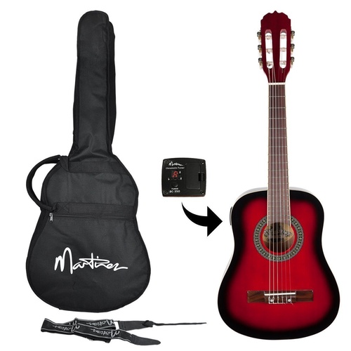 Martinez 1/2 Size Beginner Classical Guitar Pack with Built In Tuner (Wine Red)