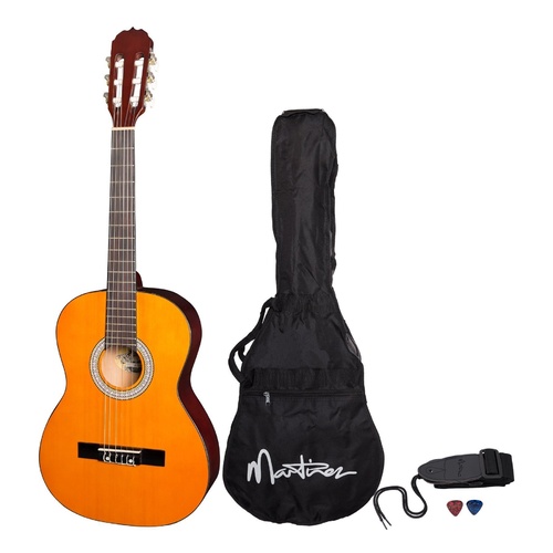 Martinez 'Slim Jim' 3/4 Size Beginner Slim Neck Classical Guitar Pack with Built-In Tuner (Amber)