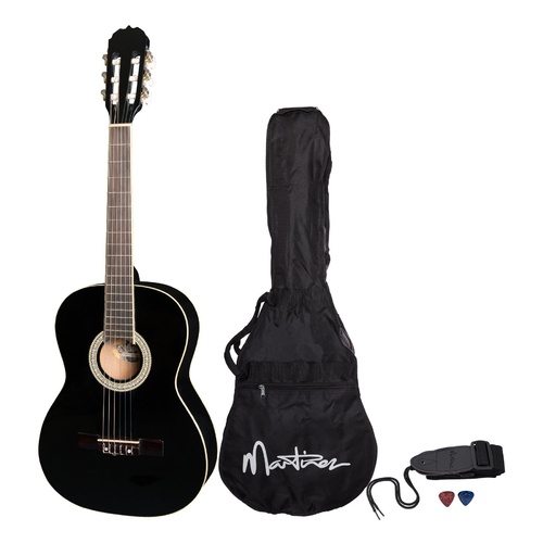 Martinez 'Slim Jim' 3/4 Size Beginner Slim Neck Classical Guitar Pack with Built-In Tuner (Black)