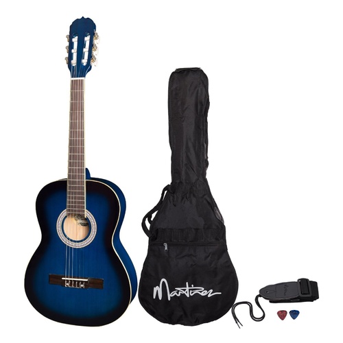 Martinez 'Slim Jim' 3/4 Size Beginner Slim Neck Classical Guitar Pack with Built-In Tuner (Blueburst)