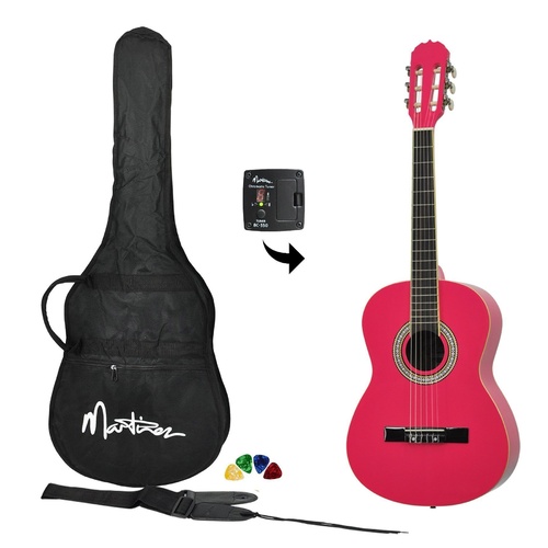 Martinez 'Slim Jim' 3/4 Size Beginner Slim Neck Classical Guitar Pack with Built-In Tuner (Hot Pink)
