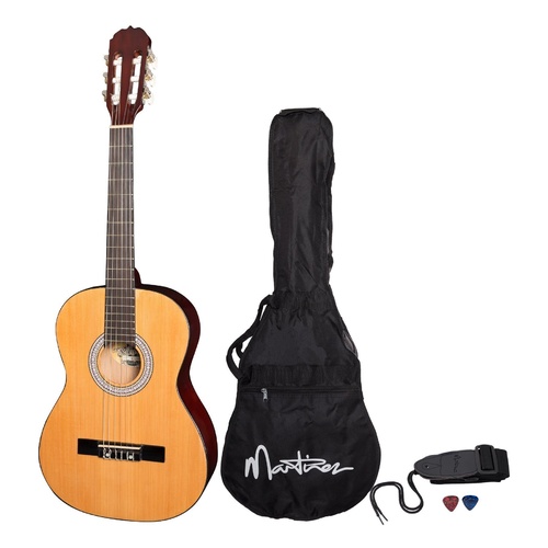 Martinez 'Slim Jim' 3/4 Size Beginner Slim Neck Classical Guitar Pack with Built-In Tuner (Natural Gloss)