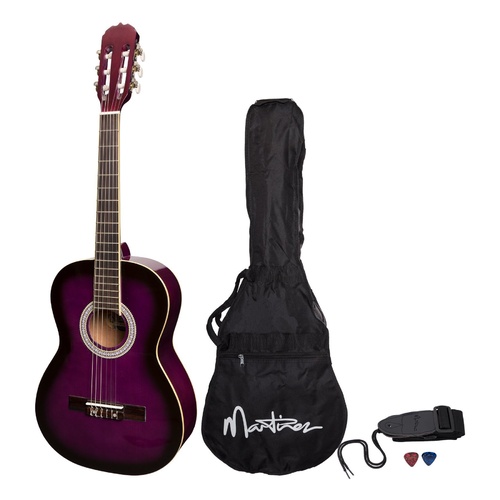Martinez 'Slim Jim' 3/4 Size Beginner Slim Neck Classical Guitar Pack with Built-In Tuner (Purpleburst)