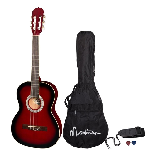 Martinez 'Slim Jim' 3/4 Size Beginner Slim Neck Classical Guitar Pack with Built-In Tuner (Wine Red)