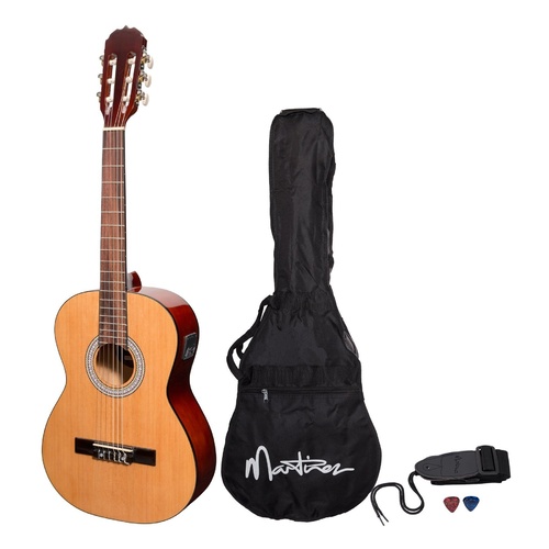 Martinez 'Slim Jim' Left Handed 3/4 Size Beginner Exotic Timber Slim Neck Classical Guitar Pack with Built-In Tuner (Natural Gloss)