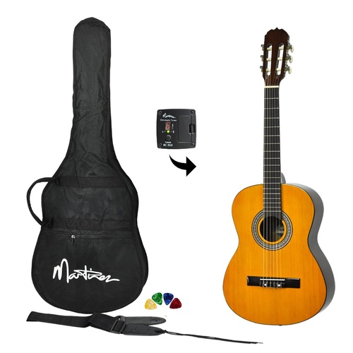 Martinez 3/4 Size Beginner Classical Guitar Pack with Built In Tuner (Amber)