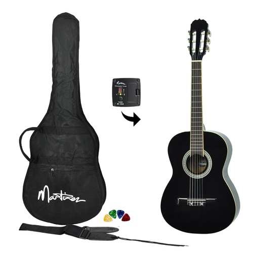 Martinez 3/4 Size Beginner Classical Guitar Pack with Built In Tuner (Black)