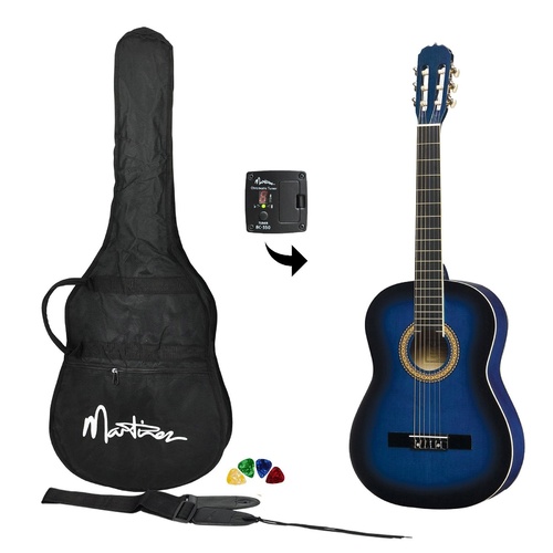 Martinez 3/4 Size Beginner Classical Guitar Pack with Built In Tuner (Blueburst)
