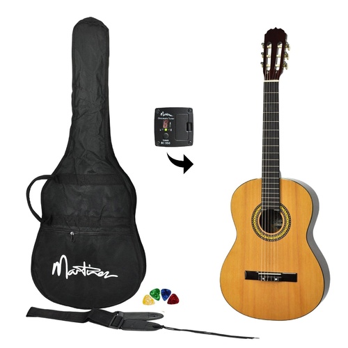 Martinez 3/4 Size Beginner Classical Guitar Pack with Built In Tuner (Natural Gloss)