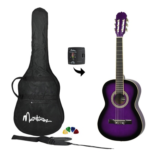 Martinez 3/4 Size Beginner Classical Guitar Pack with Built In Tuner (Purpleburst)