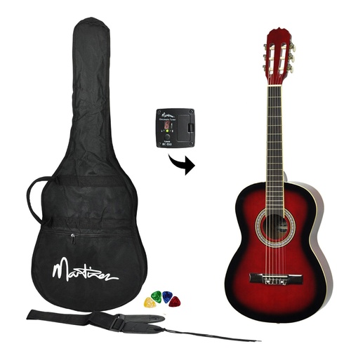 Martinez 3/4 Size Beginner Classical Guitar Pack with Built In Tuner (Wine Red)