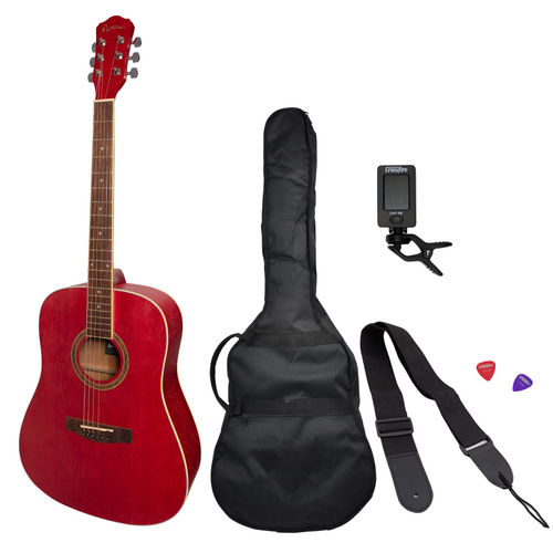 Martinez '41 Series' Dreadnought Acoustic Guitar Pack - Pink, MD-41, 6 Strings, Includes Gig Bag, Tuner, Picks, and Strap