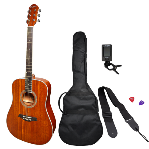 Martinez MD-41G Dreadnought Acoustic Guitar Pack with Gig Bag, Tuner, Picks, and Strap - Gloss Mahogany