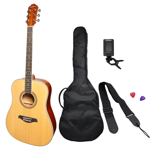 Martinez MD-41G Dreadnought Acoustic Guitar Pack with Gig Bag, Tuner, Picks, and Strap - Natural Gloss