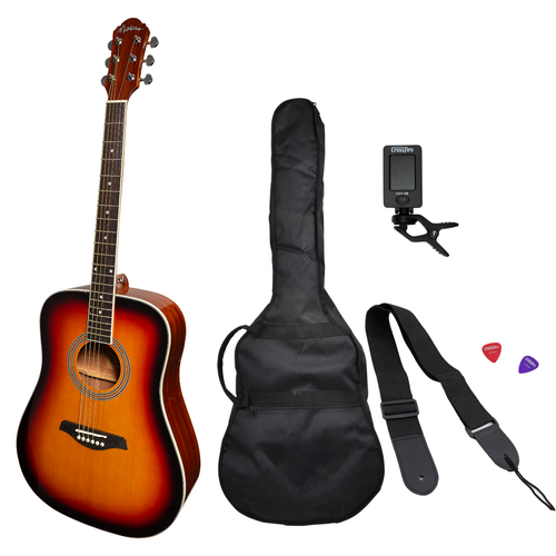 Martinez MD-41G Dreadnought Acoustic Guitar Pack with Gig Bag, Tuner, Picks, and Strap - Gloss Sunburst