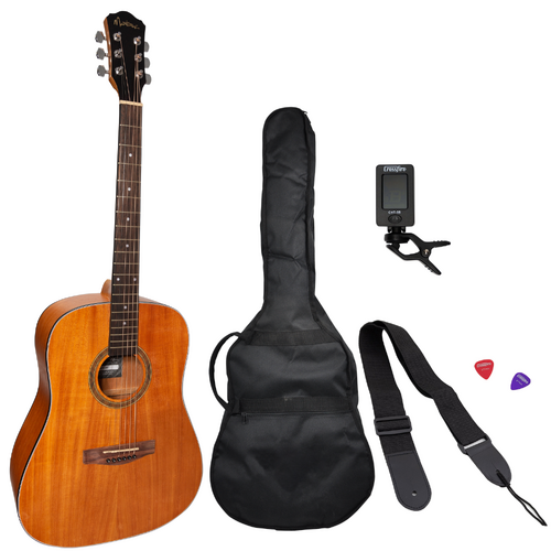 Martinez Left Hand '41 Series' Dreadnought Acoustic Guitar Pack with Gig Bag, Tuner, Picks, and Strap in Mahogany