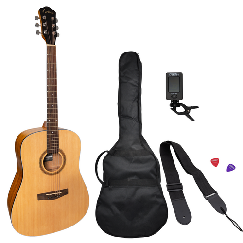 Martinez Left Hand '41 Series' Dreadnought Acoustic Guitar Pack - Spruce/Koa with Gig Bag, Tuner, Picks, Strap
