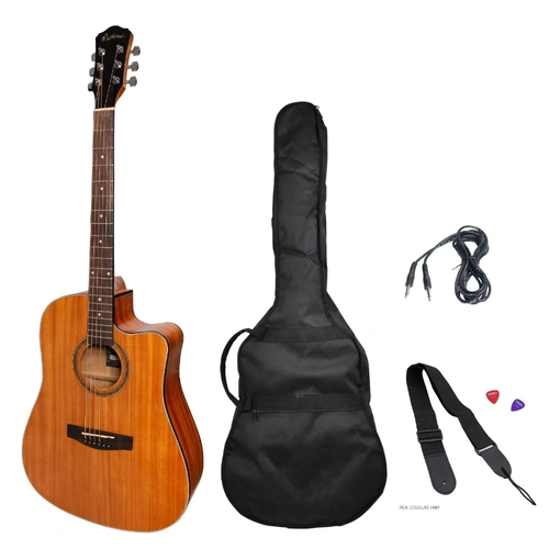 Martinez '41 Series' Dreadnought Cutaway Acoustic-Electric Guitar Pack - Mahogany, Right-Handed, Includes Gig Bag, Tuner & Accessories