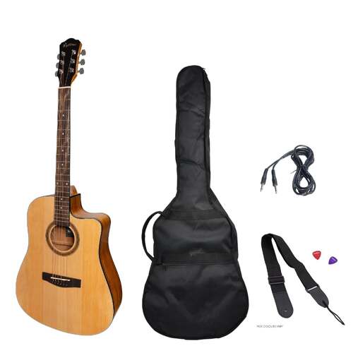 Martinez 41 Series Dreadnought Cutaway Acoustic-Electric Guitar Pack - Natural Satin, Left Handed, Includes Gig Bag and Accessories