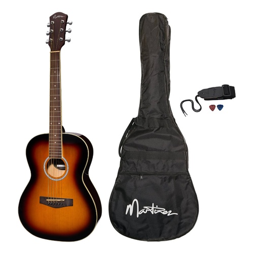 Martinez Acoustic Folk Size Guitar Pack with Built-In Tuner (Tobacco Sunburst)