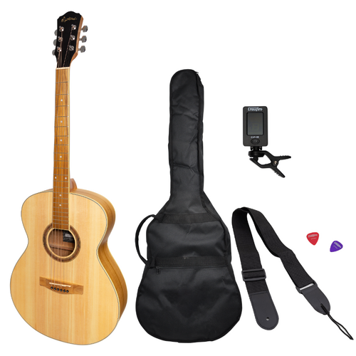 Martinez '41 Series' Folk Size Acoustic Guitar Pack with Gig Bag, Tuner, Picks, and Strap - Spruce/Jati-Teakwood