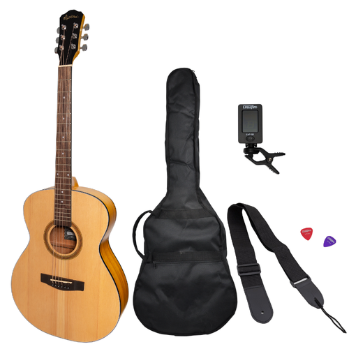 Martinez '41 Series' Folk Size Acoustic Guitar Pack - Spruce/Koa, Includes Gig Bag, Tuner, Picks, Strap, Right-Handed, 6 String, Small Body