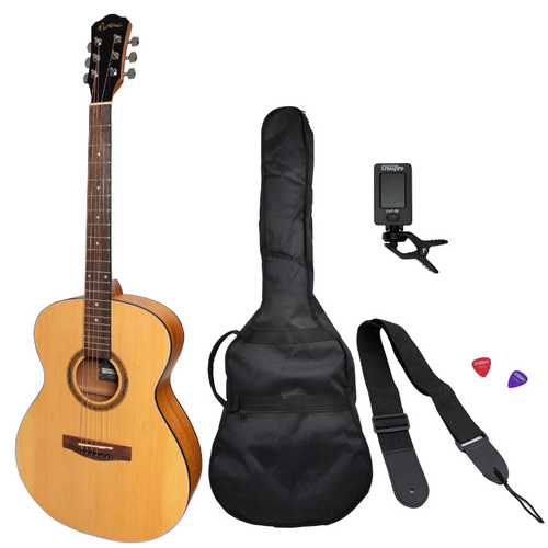 Martinez '41 Series' Folk Size Acoustic Guitar Pack with Gig Bag, Tuner, Picks, and Strap (Spruce/Mahogany)