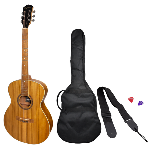 Martinez '41 Series' Folk Size Acoustic Guitar Pack with Built-in Tuner, Jati-Teakwood, Includes Gig Bag, Picks, and Strap