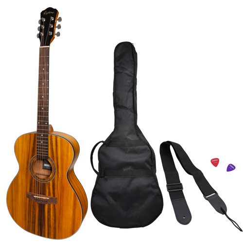 Martinez '41 Series' Folk Size Acoustic Guitar Pack with Built-in Tuner, Koa, Natural Finish, Includes Gig Bag, Picks, and Strap