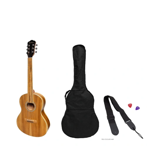 Martinez MZ-LM2T-JTK 'Little-Mini' Folk Guitar Pack with Built-In Tuner, Natural Finish, Jati-Teakwood