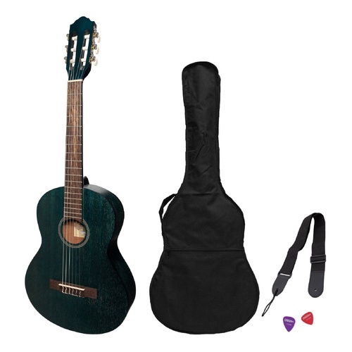Martinez Slim Jim 3/4 Size Student Classical Guitar Pack with Built-In Tuner - Blue, Model MP-SJ34T-BLU, Includes Gig Bag, Strap, and Picks