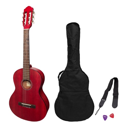 Martinez Slim Jim 3/4 Size Student Classical Guitar Pack with Built-In Tuner - Strawberry Pink