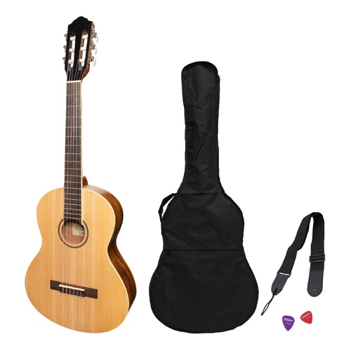 Martinez Slim Jim 3/4 Size Classical Guitar Pack with Built In Tuner, Spruce/Rosewood, Includes Gig Bag, Strap, Picks, Model MP-SJ34T-SR