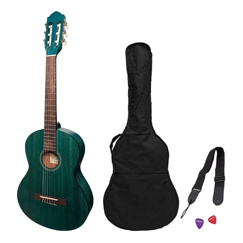 Martinez Slim Jim 3/4 Size Student Classical Guitar Pack with Built-In Tuner - Teal Green