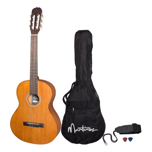 Martinez 'Slim Jim' 3/4 Size Beginner Exotic Timber Slim Neck Classical Guitar Pack with Built-In Tuner (Meranti Natural Satin)