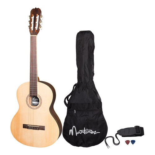 Martinez 'Slim Jim' 3/4 Size Beginner Exotic Timber Slim Neck Classical Guitar Pack with Built-In Tuner (Zebrawood Natural Satin)