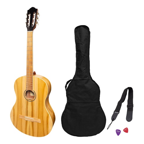 Martinez Slim Jim Full Size Electric Classical Guitar Pack with Pickup and Tuner - Jati-Teakwood