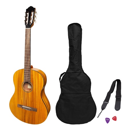 Martinez Slim Jim Full Size Electric Classical Guitar Pack with Pickup and Tuner (Koa)