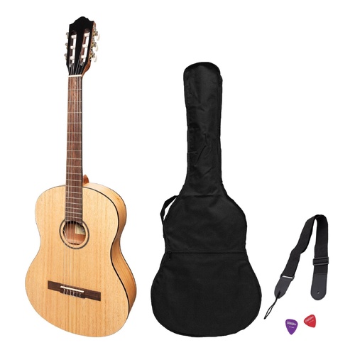 Martinez Slim Jim Full Size Electric Classical Guitar Pack with Pickup/Tuner, Mindi-Wood, Natural Satin, includes gig bag, strap, and picks