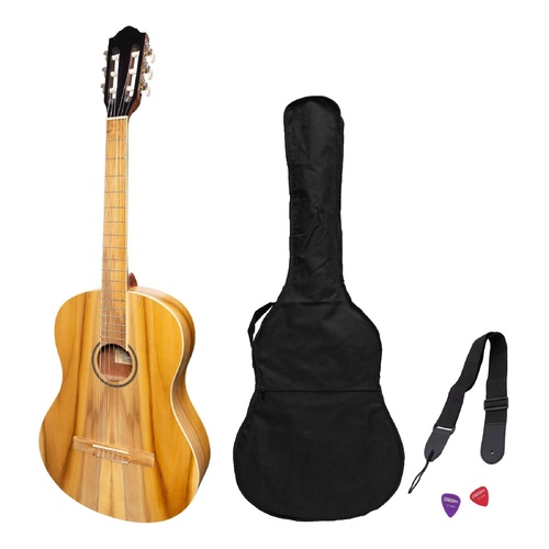 Martinez Slim Jim Full Size Student Classical Guitar Pack with Built In Tuner, Natural Satin, MP-SJ44T-JTK