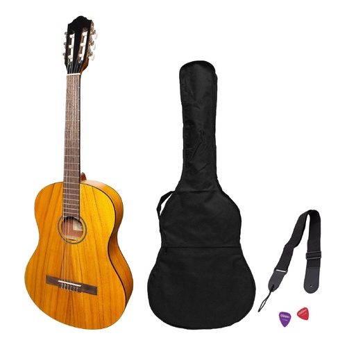 Martinez Slim Jim Full Size Student Classical Guitar Pack with Built-In Tuner, Koa, Model MP-SJ44T-KOA