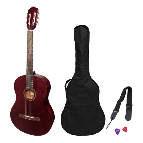 Martinez Slim Jim Full Size Student Classical Guitar Pack with Built In Tuner - Red
