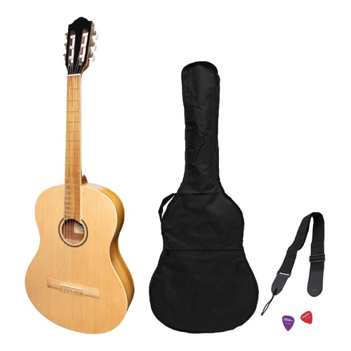 Martinez Slim Jim Full Size Student Classical Guitar Pack with Built-In Tuner, Spruce/Jati-Teakwood, Includes Gig Bag, Strap, and Picks