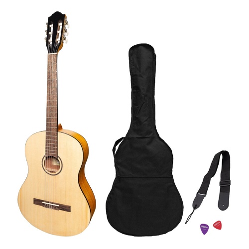 Martinez Slim Jim Full Size Student Classical Guitar Pack with Built-In Tuner, Spruce/Koa, Natural Satin, MP-SJ44T