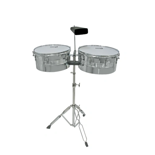 Mano Percussion MP1434 13/14 Inch Chrome Finish Latin Timbale Set with Cowbell and Stand